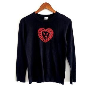 Anne Klein Black with Heart Lion Red Rhinestone Crystal Sweater Size XS